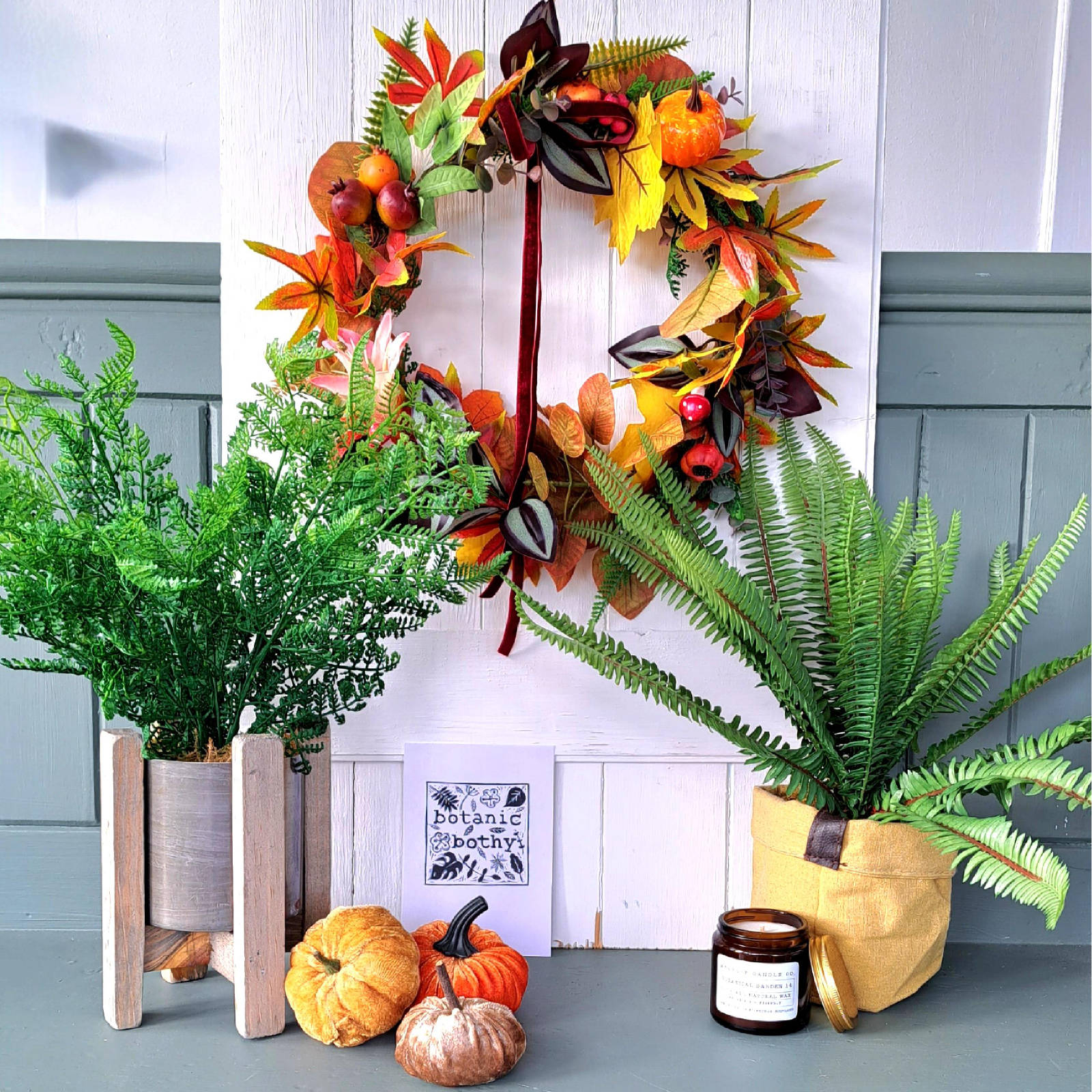 Autumn faux plant, wreath, candle, pumpkin bundle